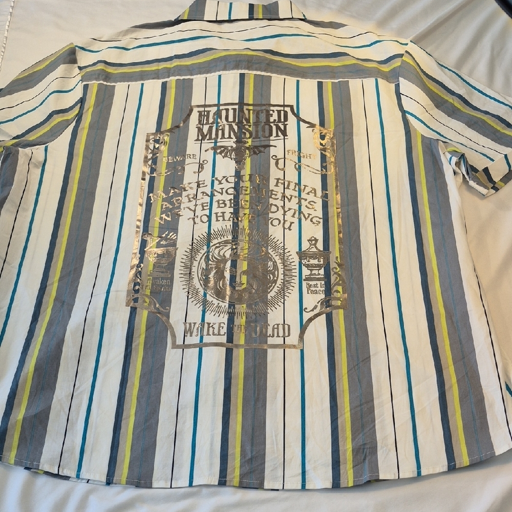 Disney Haunted Mansion Mens Short Sleeve Blue and Gray Casual Button Down Shirt - Picture 6 of 11